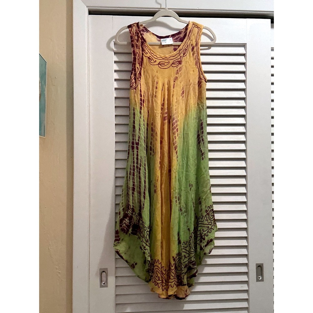 Ocean Breeze Tie Dye Sharkbite Tunic Dress Womens OS Yellow Loose Comfort Boho